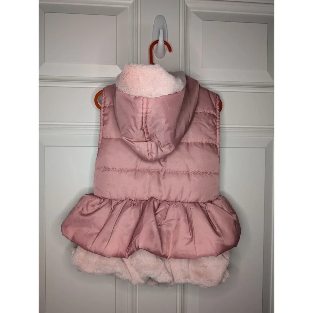 Little Lass Faux Fur Pink Quilted Hooded Puffer Vest With Bows Girl's Size 6 EUC
